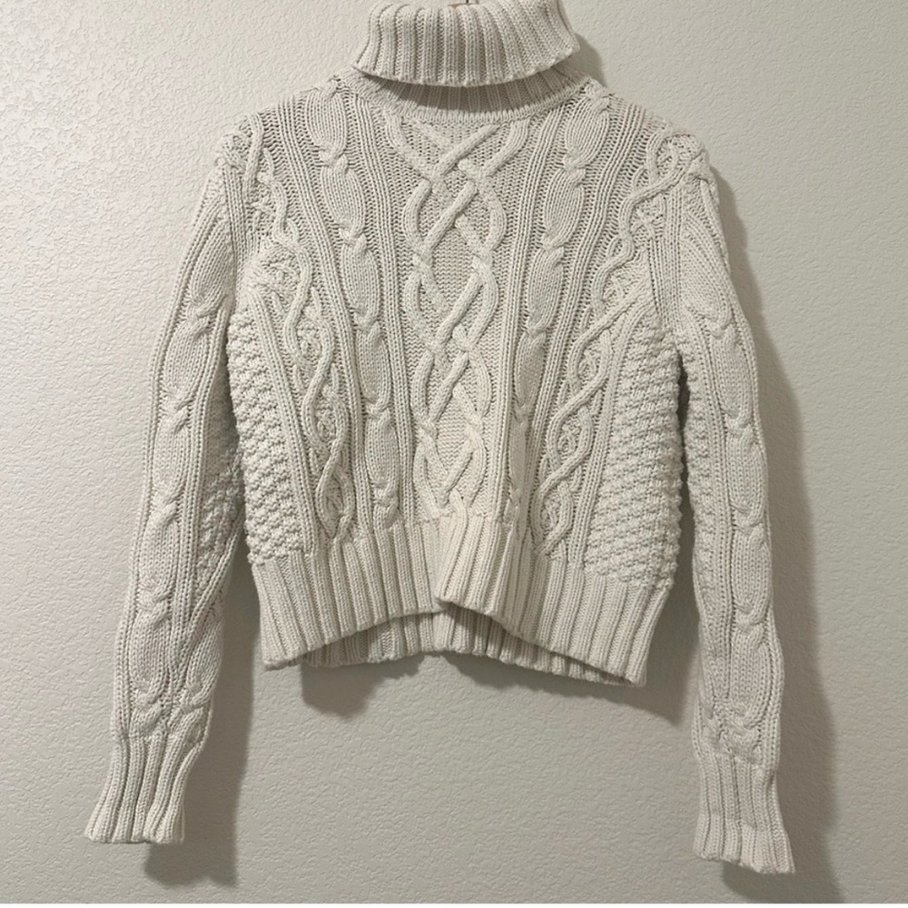 Lands' End Women's 100% Cotton Braided Cable Knit Turtleneck Sweater Size L